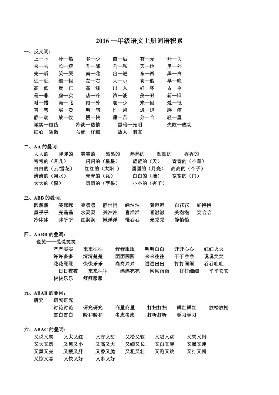 2016新部编版一年级语文上册词语积累_第1页