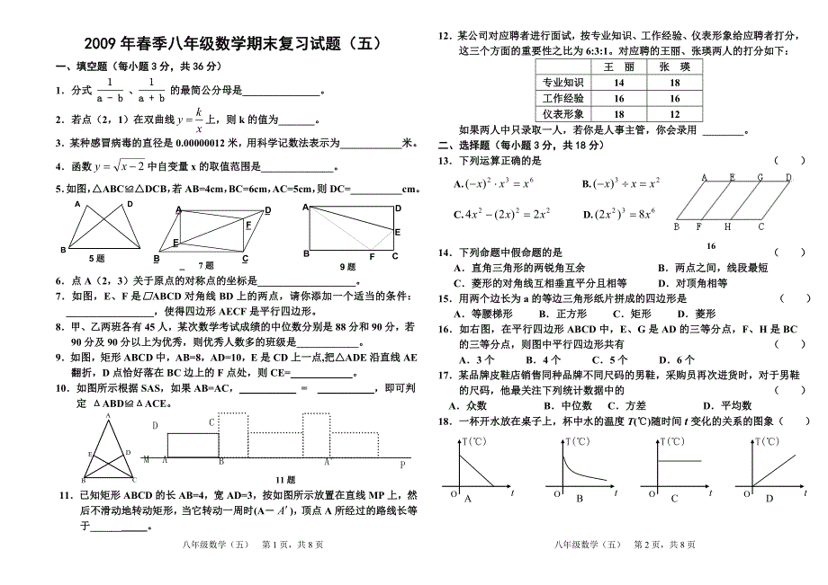 2009年春季八年级数学期末复习试题（五）_第1页