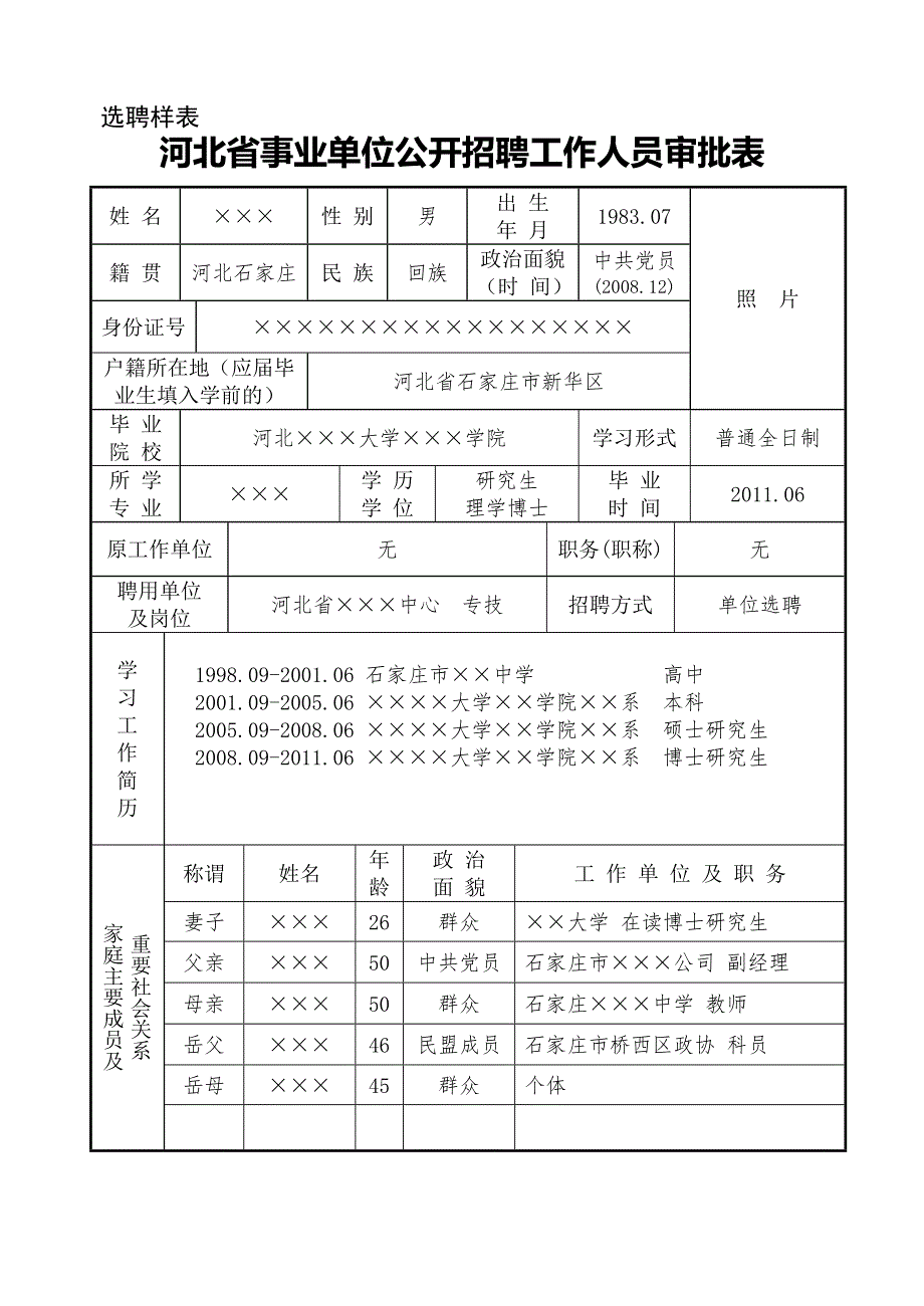 河北省事业单位公开招聘工作人员审批表(填写样表)_第3页