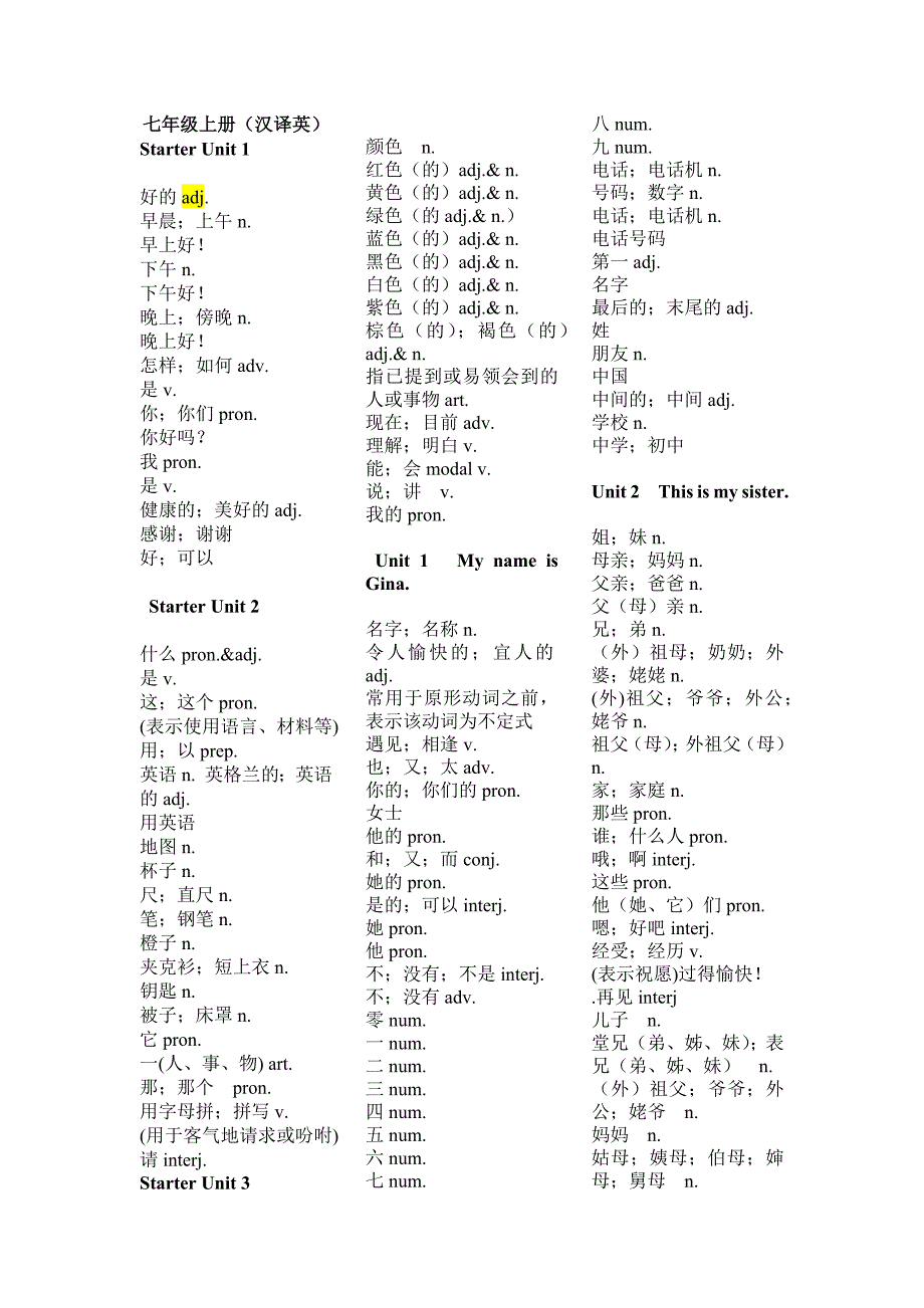 七年级上册汉译英_第1页