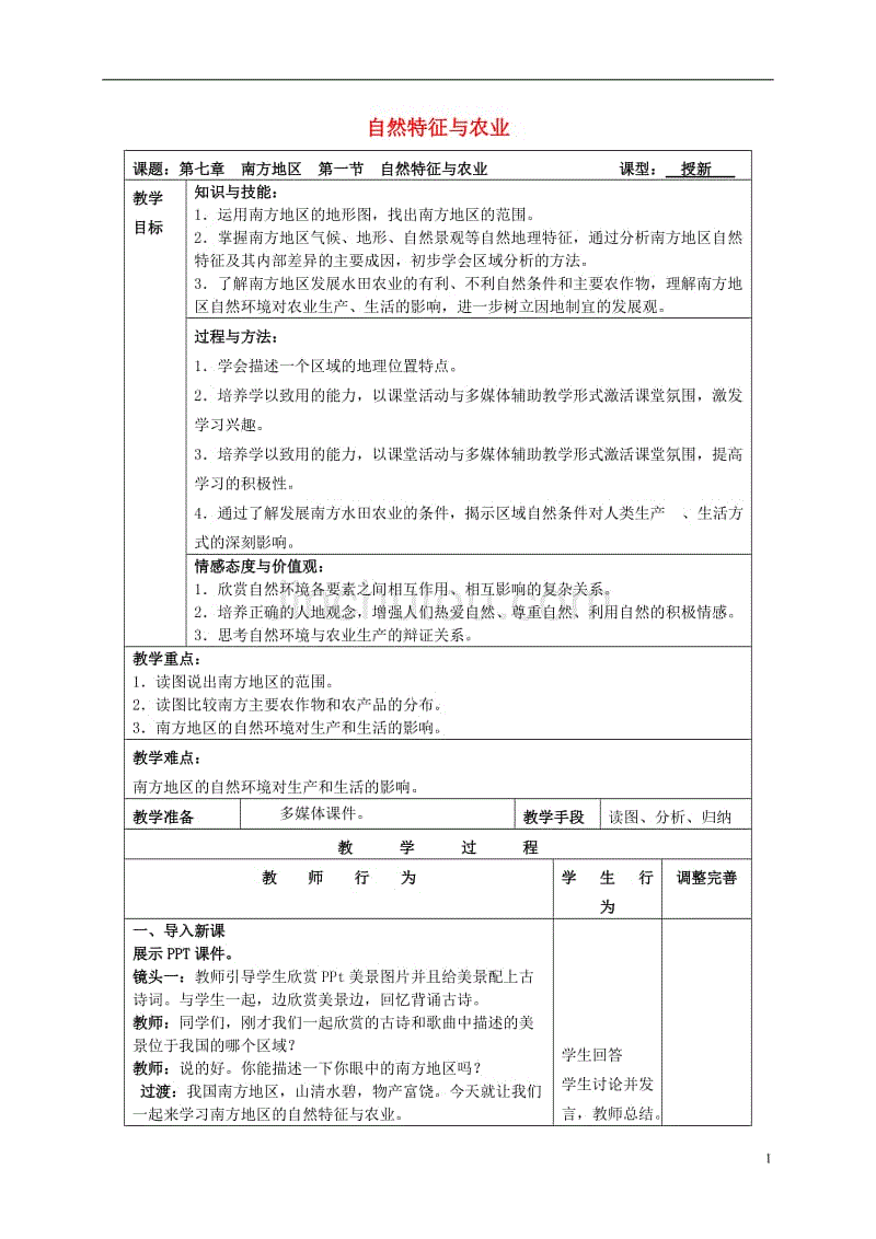 八年级地理下册 第七章 第一节 自然特征与农业教案[新人教版]1