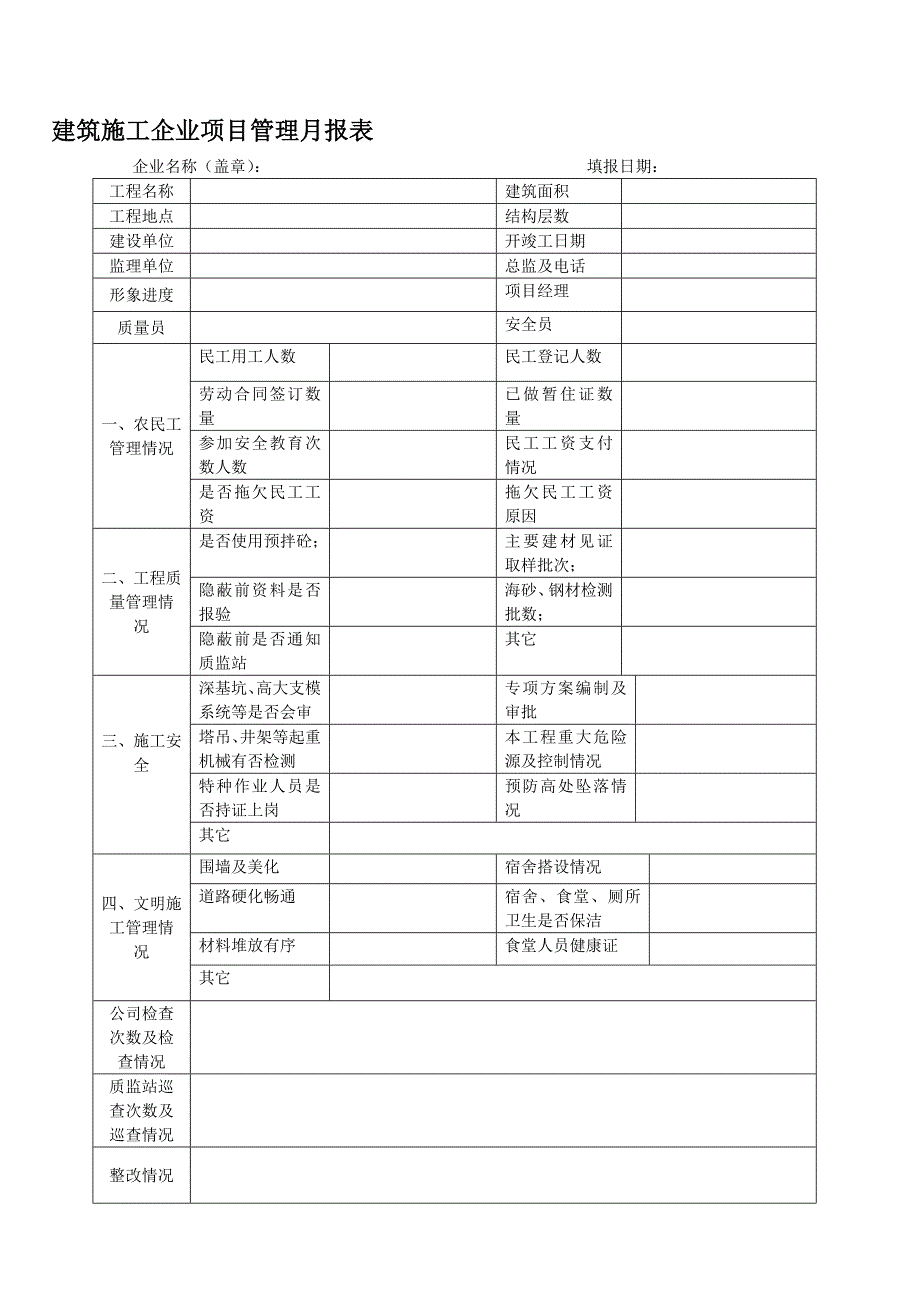 建筑施工企业项目管理月报表_1_第1页