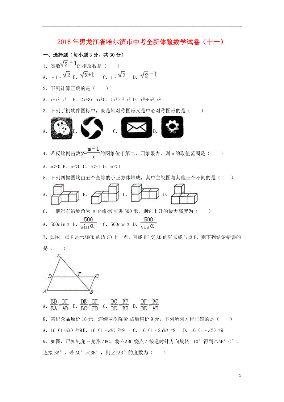 中考数学全新体验试卷（十一）（含解析）_第1页