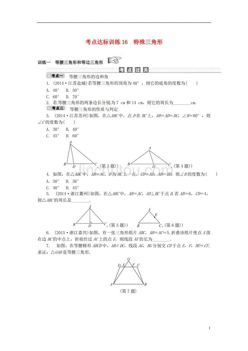 中考数学 考点达标训练16 特殊三角形