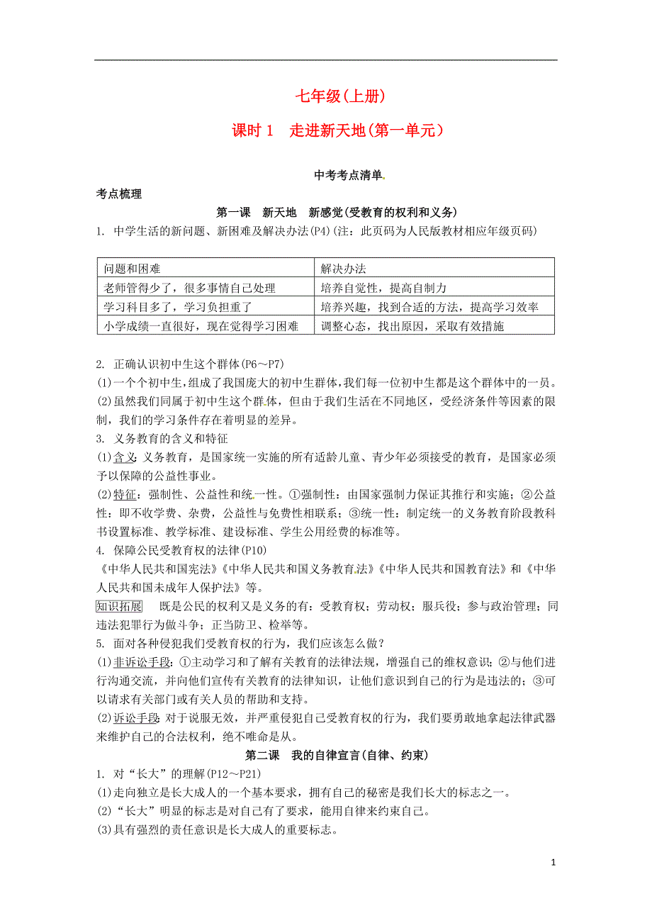 中考政治 第一部分 考点研究（七上）课时1 走进新天地(第一单元） 人民版_第1页