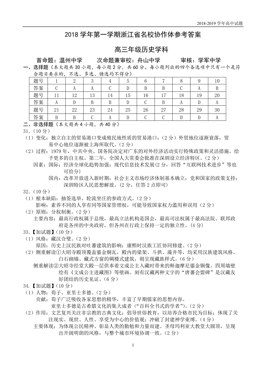 2018学年第一学期浙江名校协作体_高三_历史_参考答案_第1页