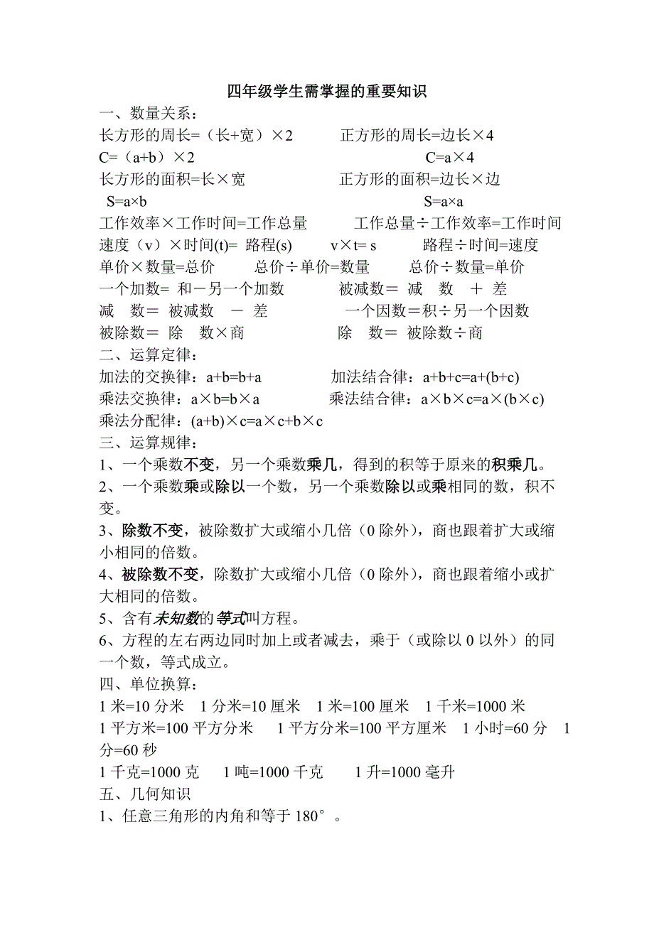 小学四年级数学学生需掌握的重要知识_第1页