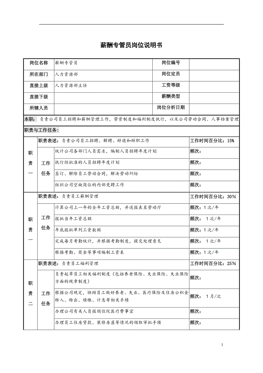 薪酬专管员岗位说明书_第1页