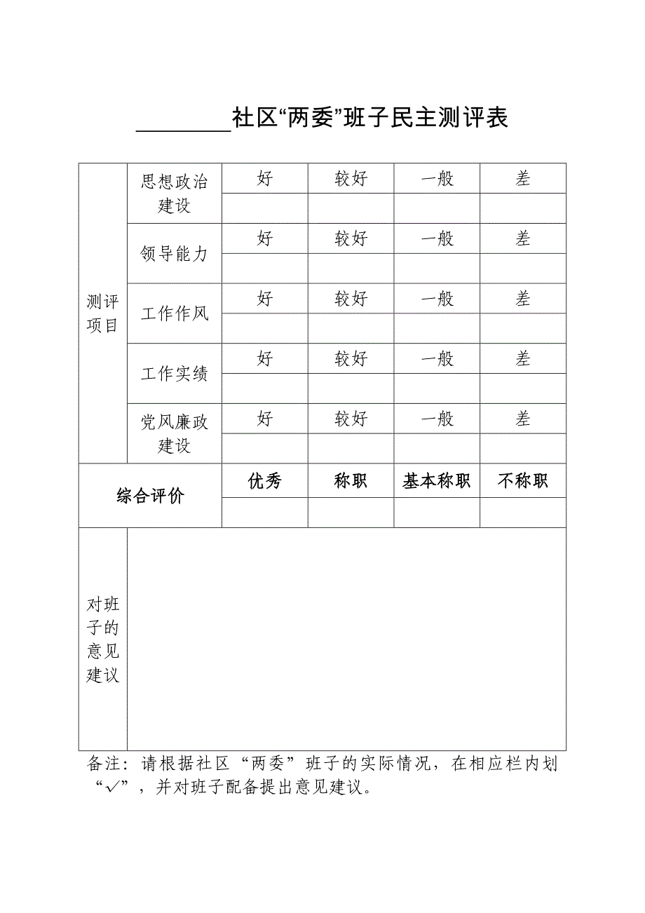 社区换届两委班子及成员民 主测评表_第1页