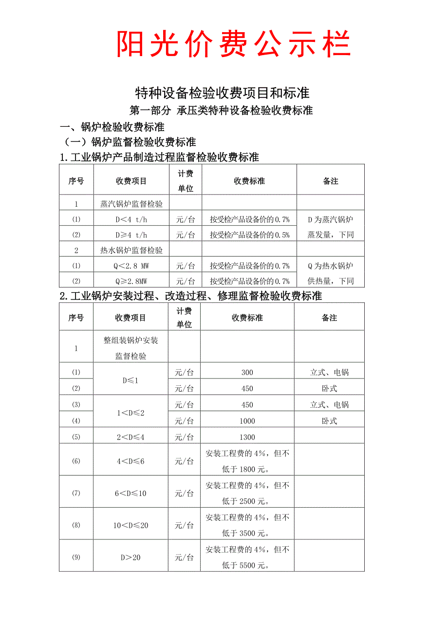 阳光价费公示栏-厦门市特种设备检验检测院_第1页