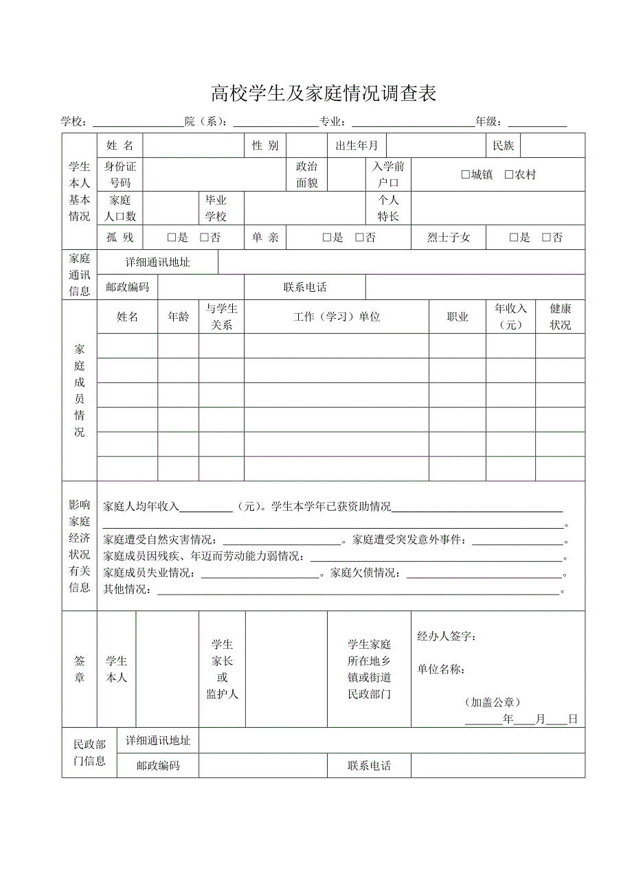 大学生贫困补助申请表-高校家庭情况调查表_第1页