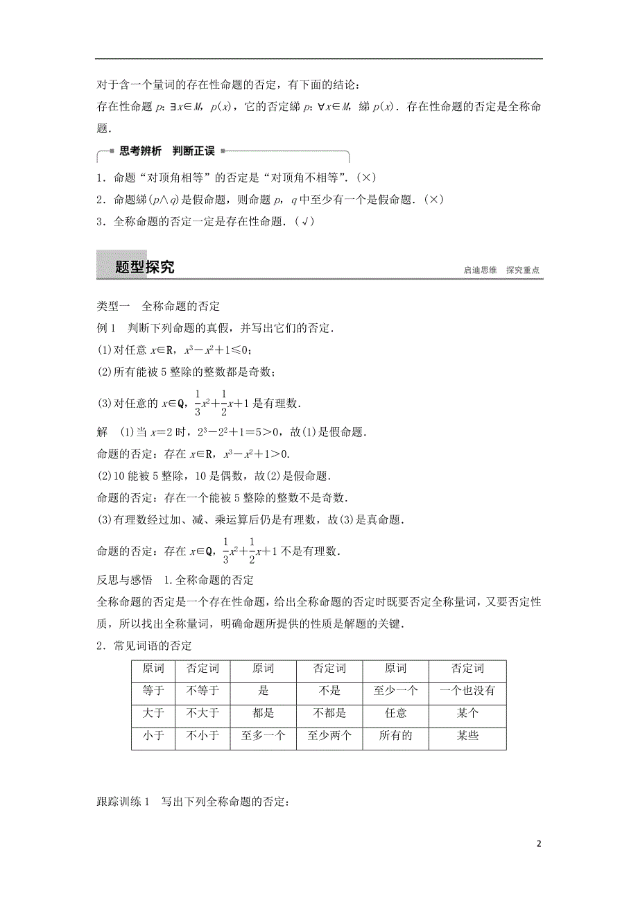 2018-2019高中数学 第1章 常用逻辑用语 1.3.2 含有一个量词的命题的否定学案 苏教版选修2-1_第2页