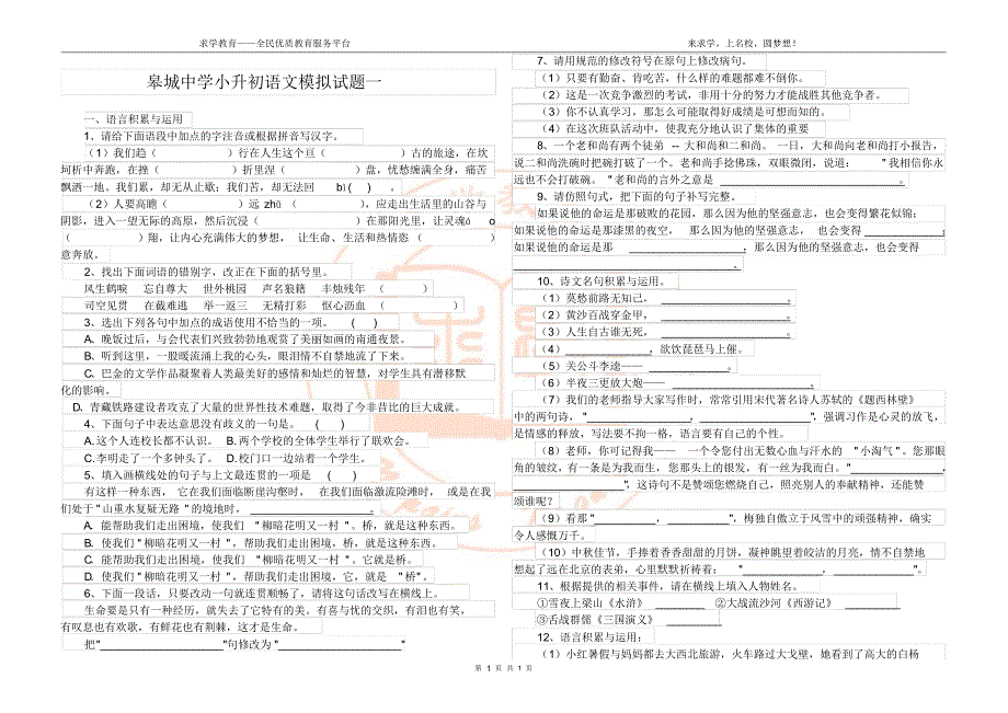 皋城中学小升初语文模拟试卷一_第1页