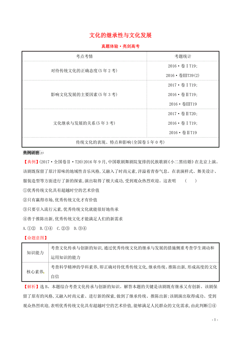 2019届高考政治一轮复习 真题体验 亮剑高考 3.2.4 文化的继承性与文化发展 新人教版必修3_第1页