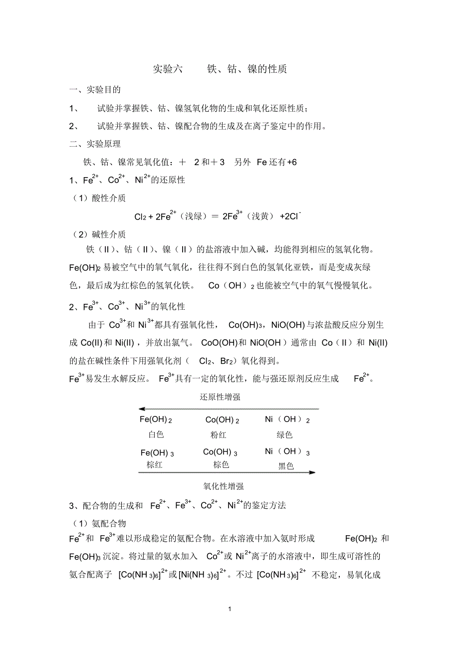 新实验十一铁、钴、镍的性质_第1页