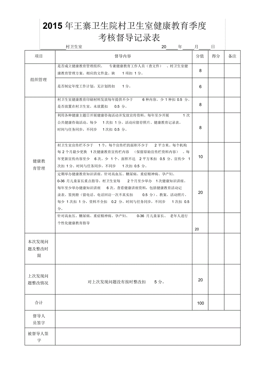 村卫生室健康教育督导记录表_第1页