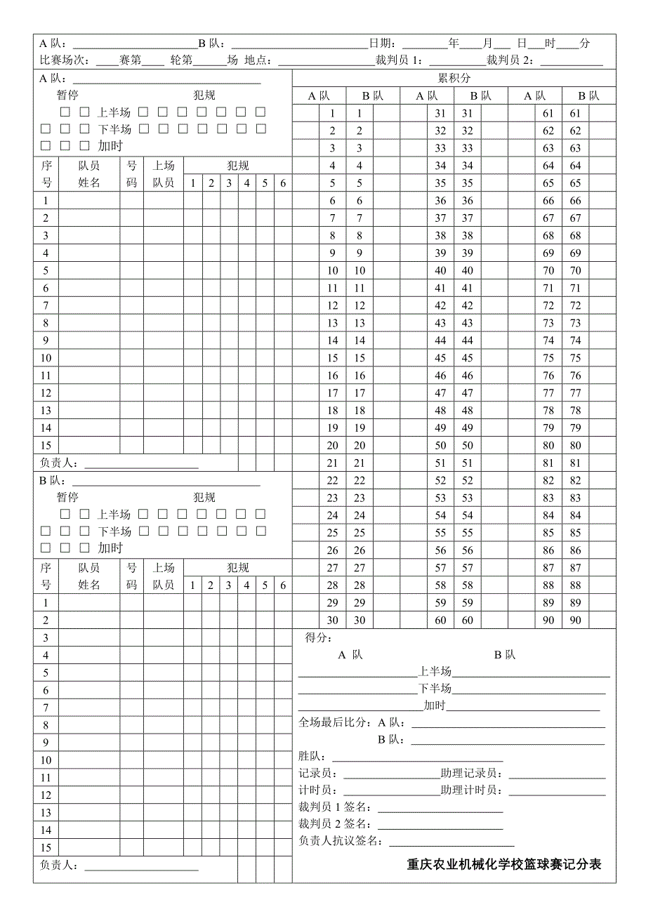 篮球赛计分表模板_第1页