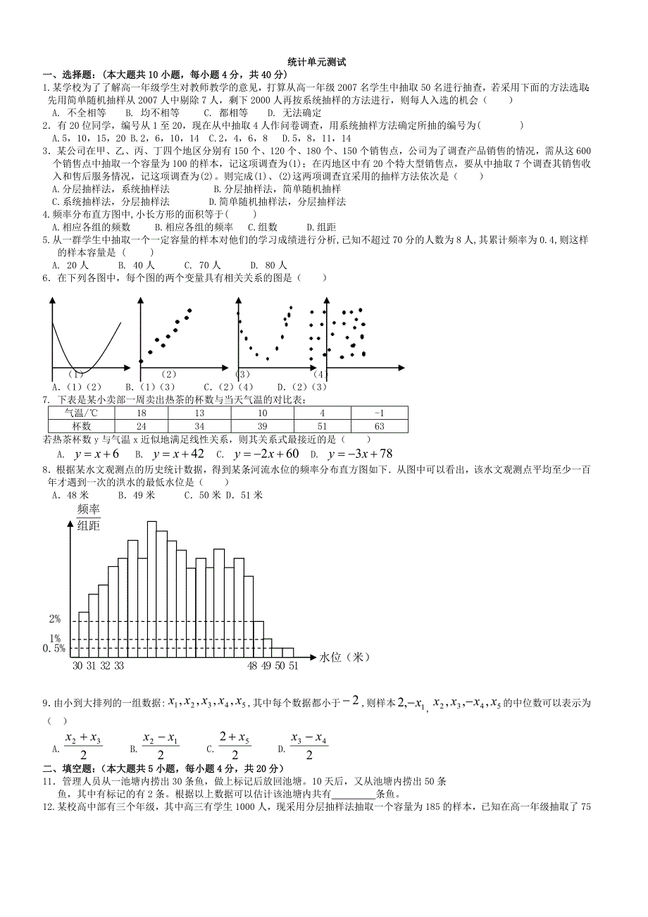 高一数学必修3统计试卷及答案_第1页