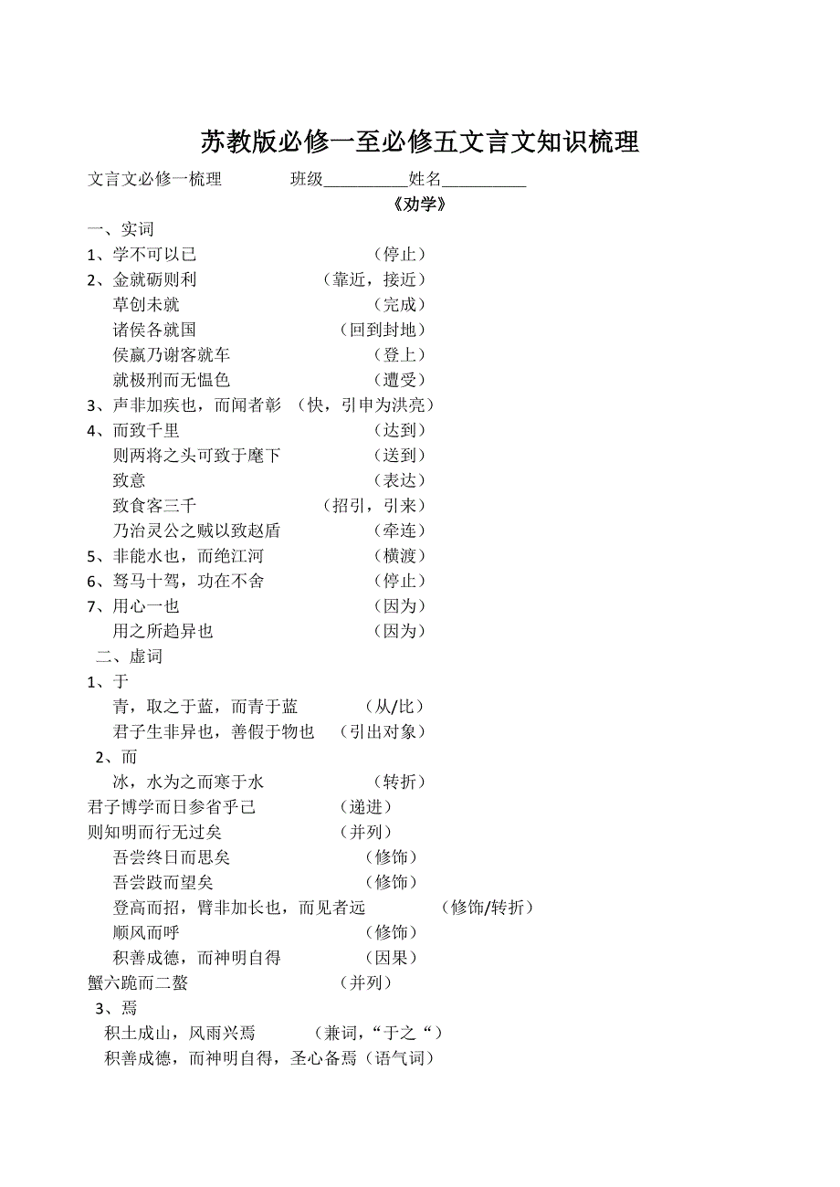 苏教版必修一至必修五文言文知识梳理(学考)_第1页