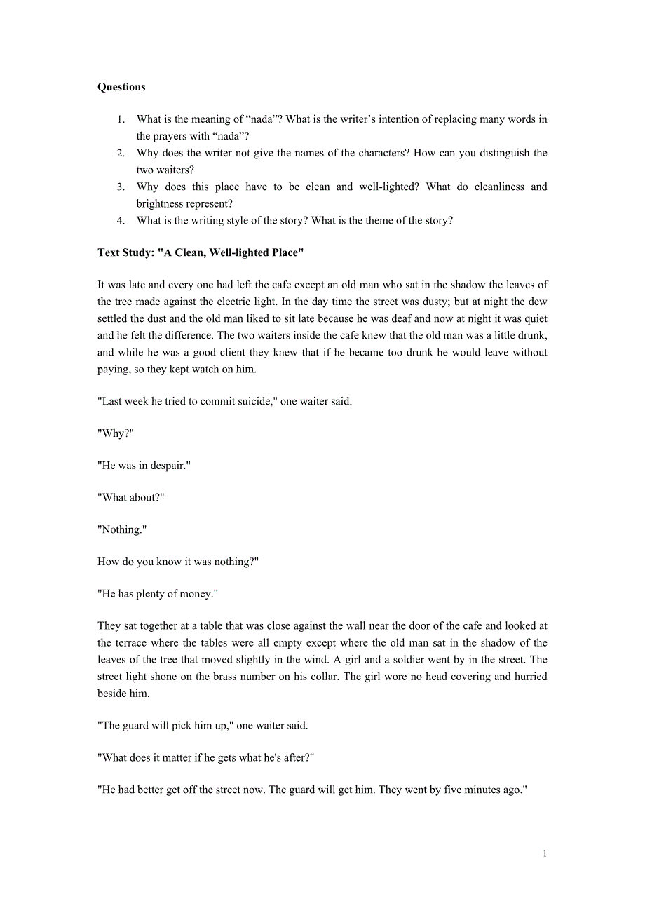 a clean, well-lighted place一个干净明亮的地方_第1页