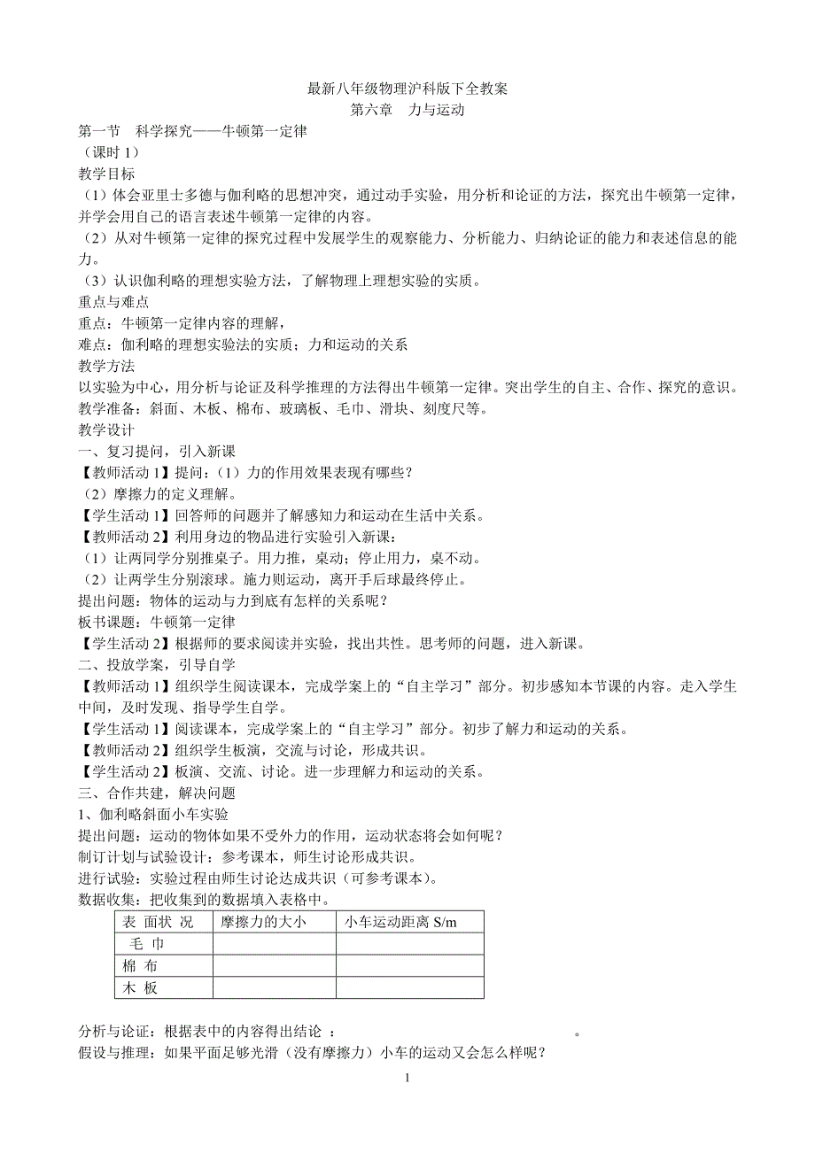 最新八年级物理沪科版下全教案_第1页