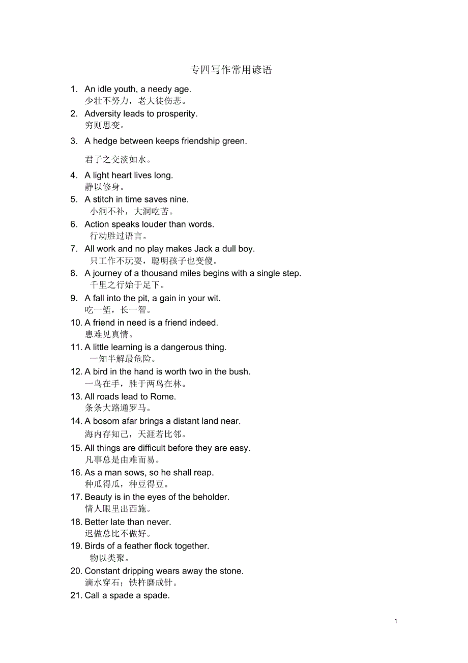 专四写作常用谚语100句_第1页