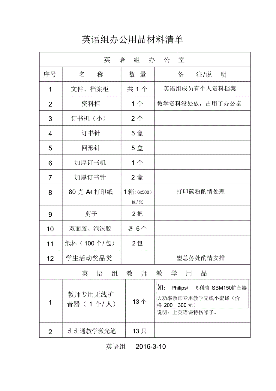 英语组办公用品材料清单_第1页