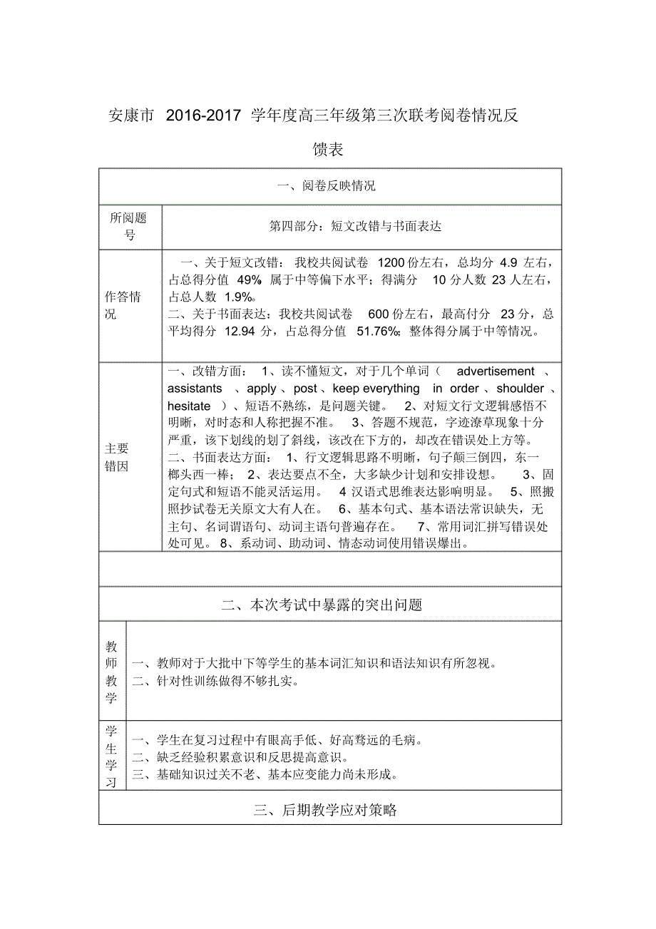 英语科联考反馈表_第1页