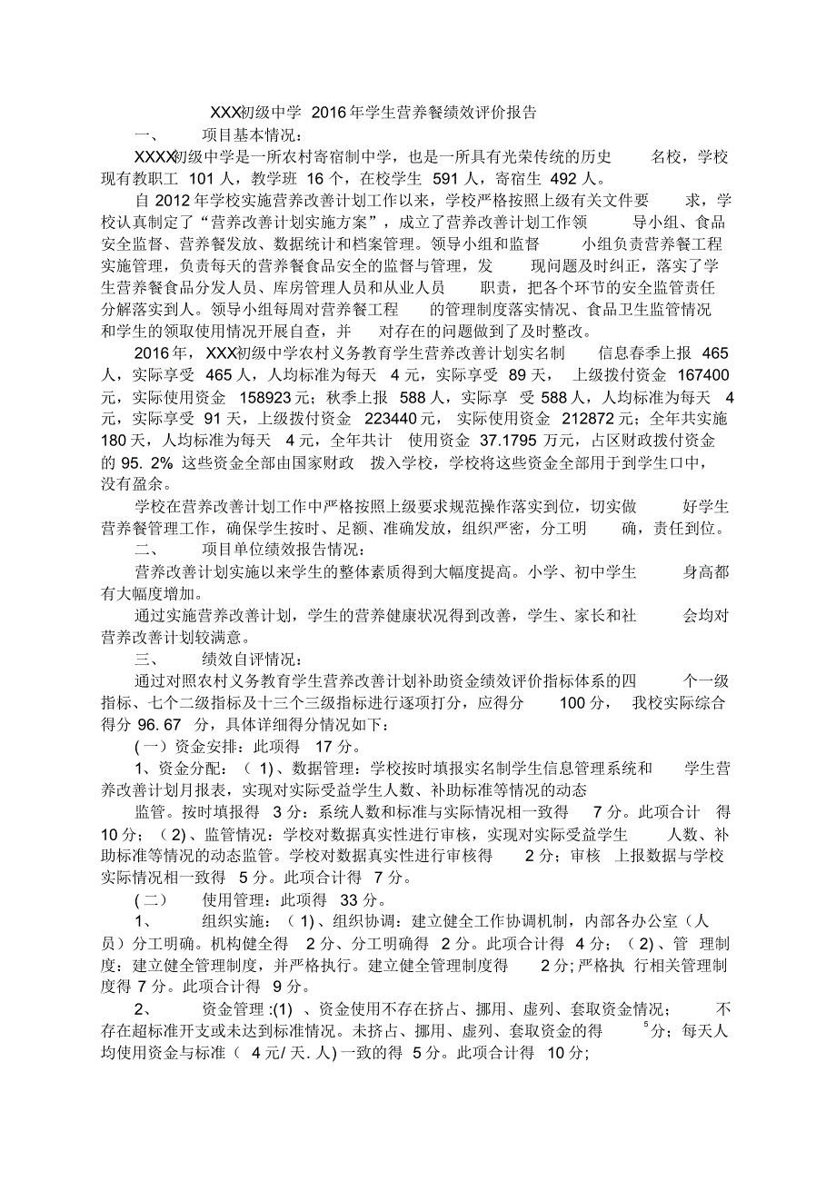 中学2016年学生营养餐绩效评价报告_第1页