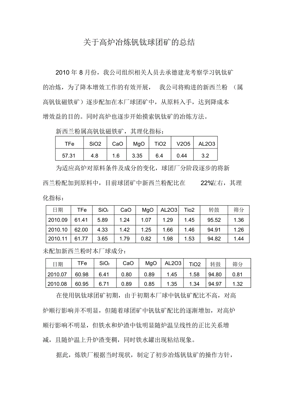 钒钛球团矿高炉冶炼总结_第1页