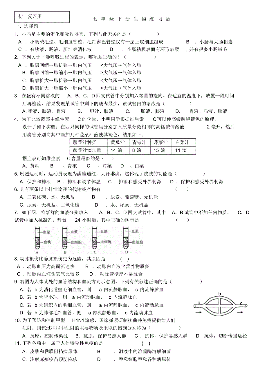 七年级下册生物测试题_第1页