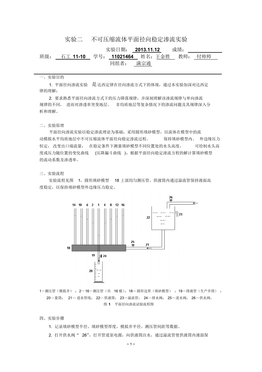14+王金胜+11021464+不可压缩流体平面径向稳定渗流实验_第1页