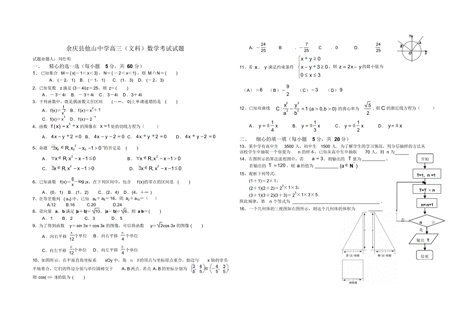 余庆县他山中学高三数学考试试题文科)1_第1页