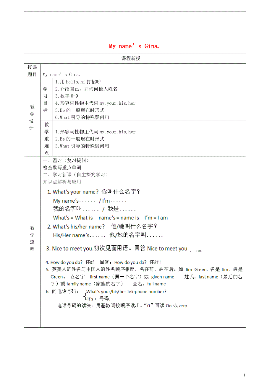 2018年七年级英语上册 unit 1 my name’s gina讲义+习题 （新版）人教新目标版_第1页