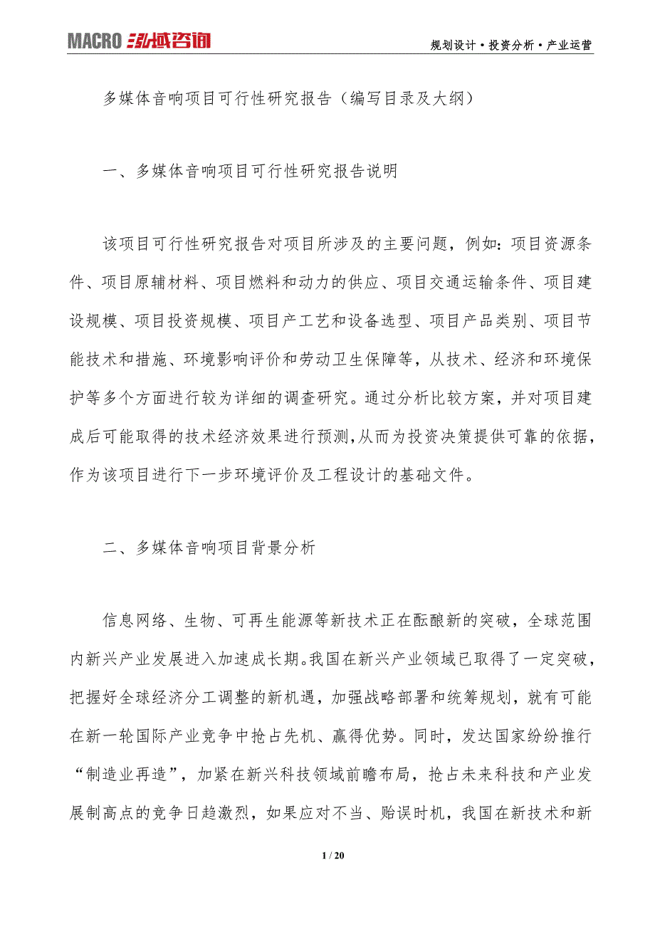 多媒体音响项目可行性研究报告（编写目录及大纲）_第1页