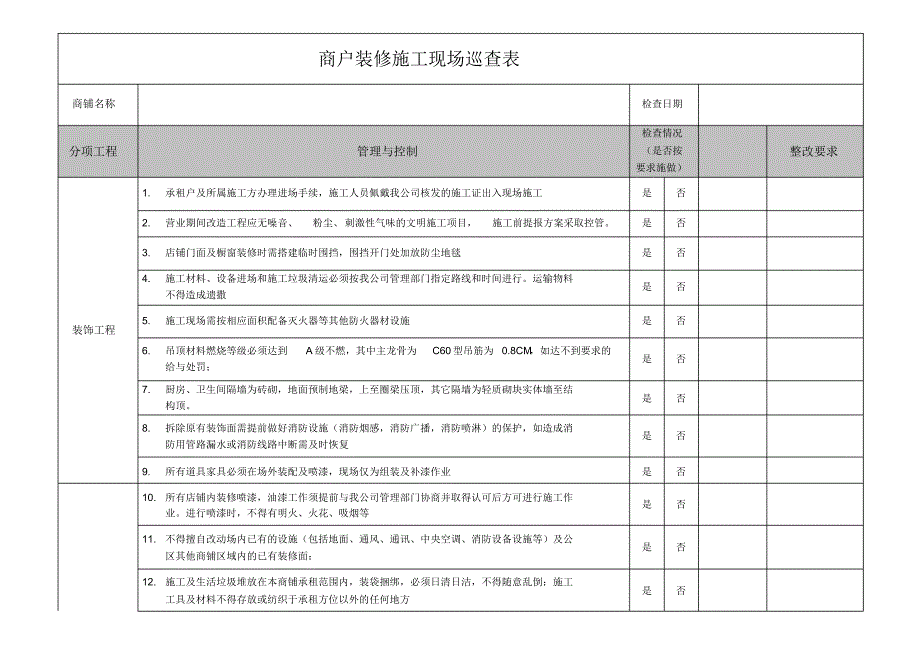 商户装修施工要求表_第1页