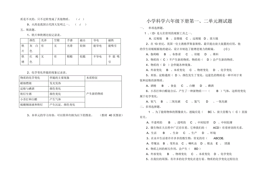 六年级科学下册1-4单元测试题_第3页