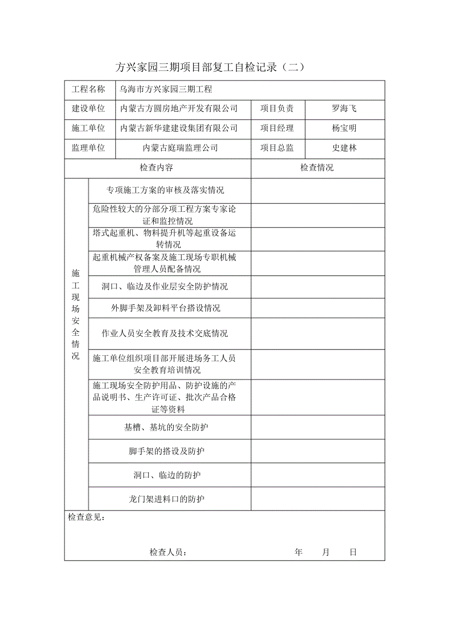 方兴家园三期项目部复工自检记录_第2页