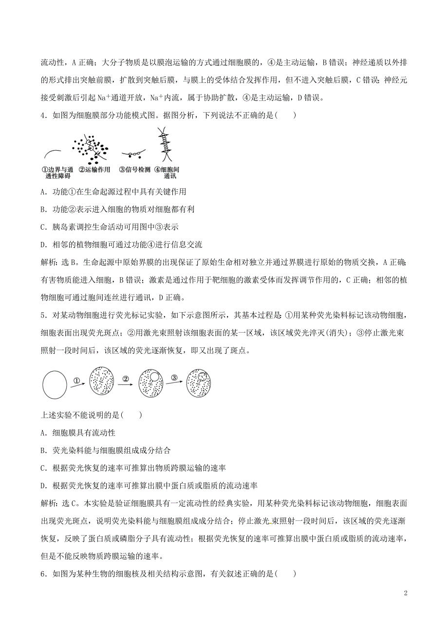 2019年高考生物一轮复习 专题2.1 细胞膜和细胞核专练_第2页