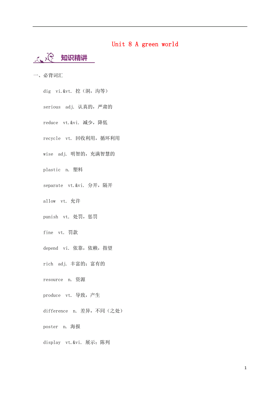 八年级英语下册unit8agreenworld词汇与语法基础训练新版牛津版_第1页