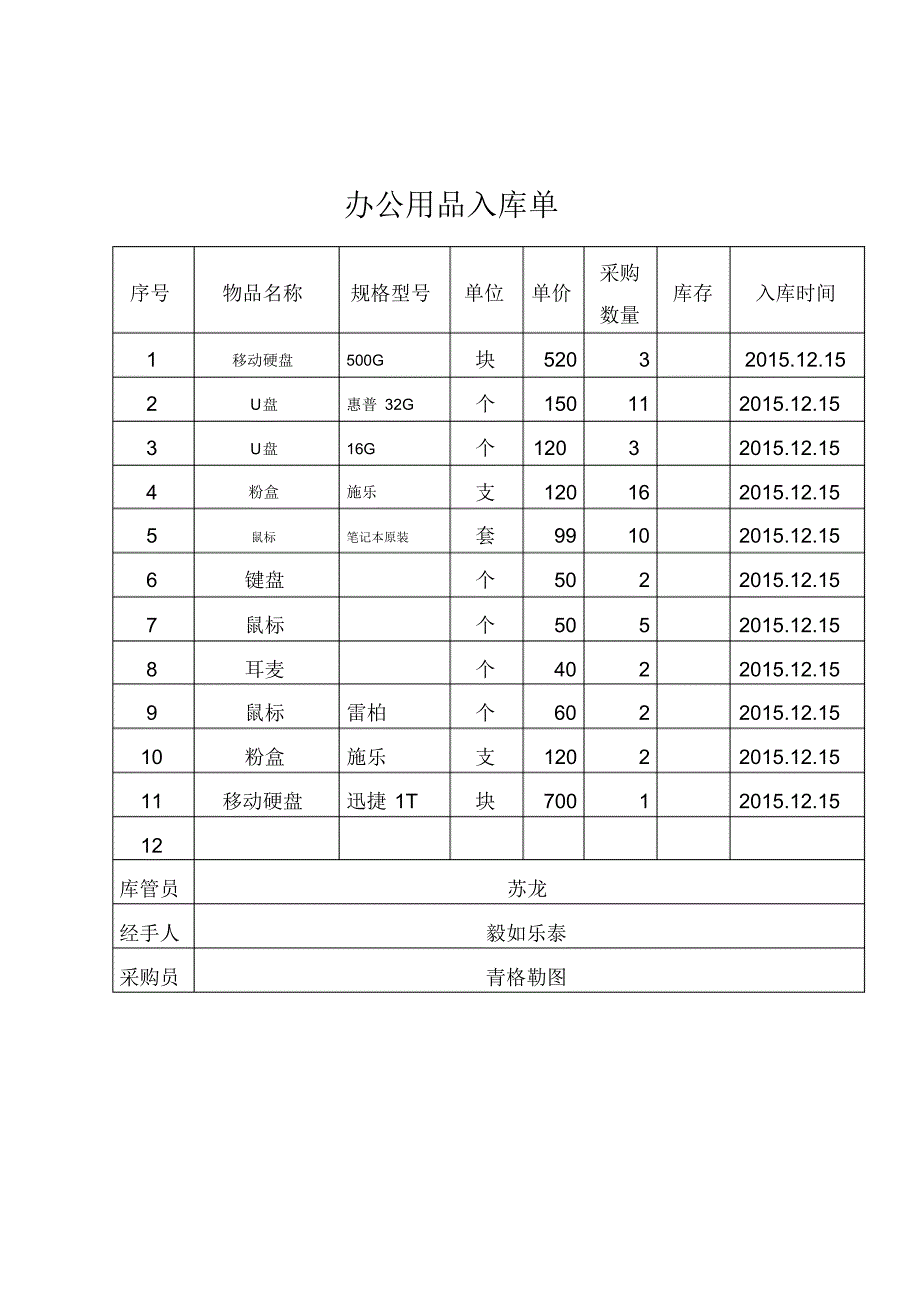 办公用品入出库单_第1页