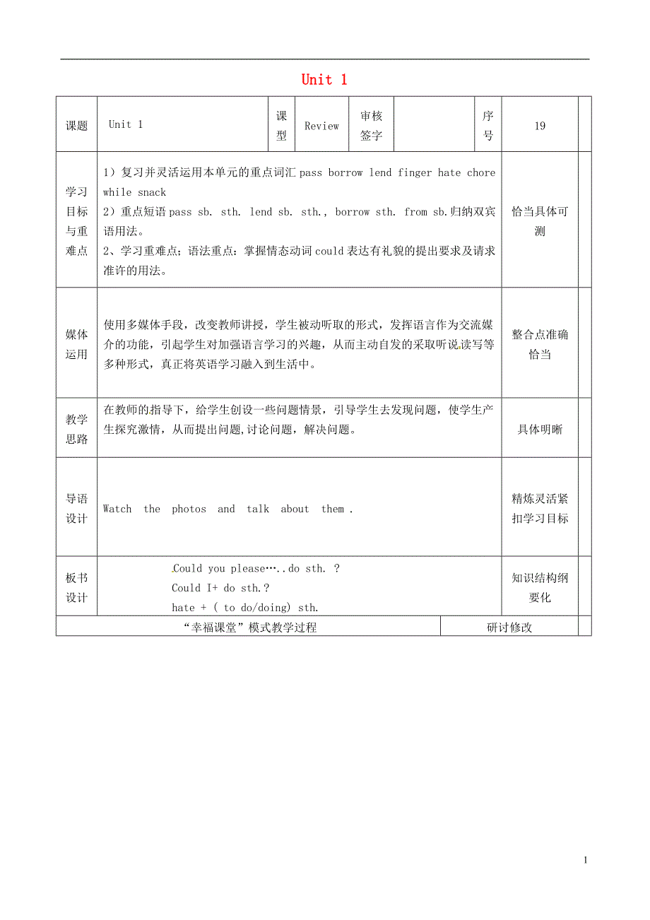 2018年山东省淄博市沂源县鲁村镇八年级英语上册 unit 1 could you pleses clean your room review教案 鲁教版五四制_第1页