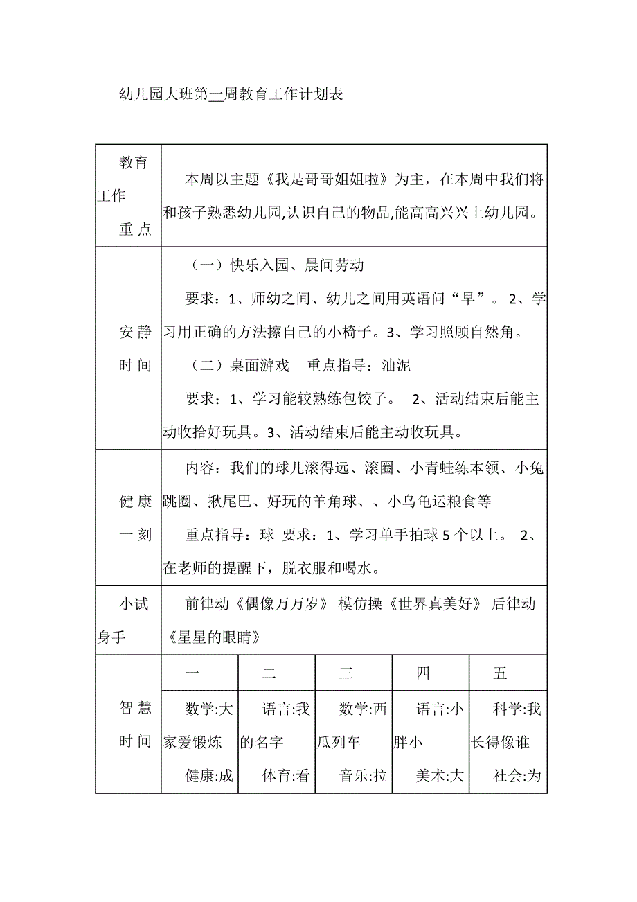 幼儿园大班第一周教育工作计划表_第1页