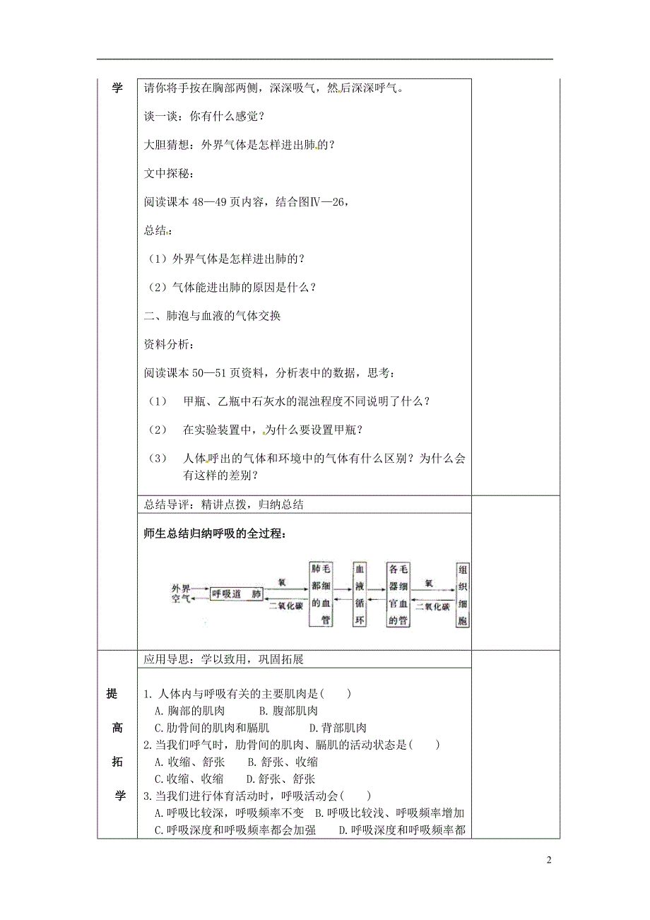 七年级生物下册 3-2 发生在肺内的气体交换导学案（无解答）（新版）[新人教版]_第2页