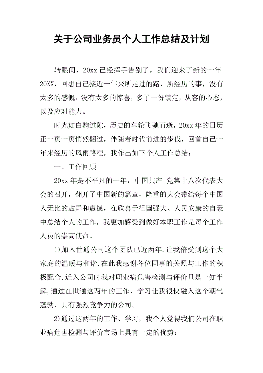 关于公司业务员个人工作总结及计划_第1页