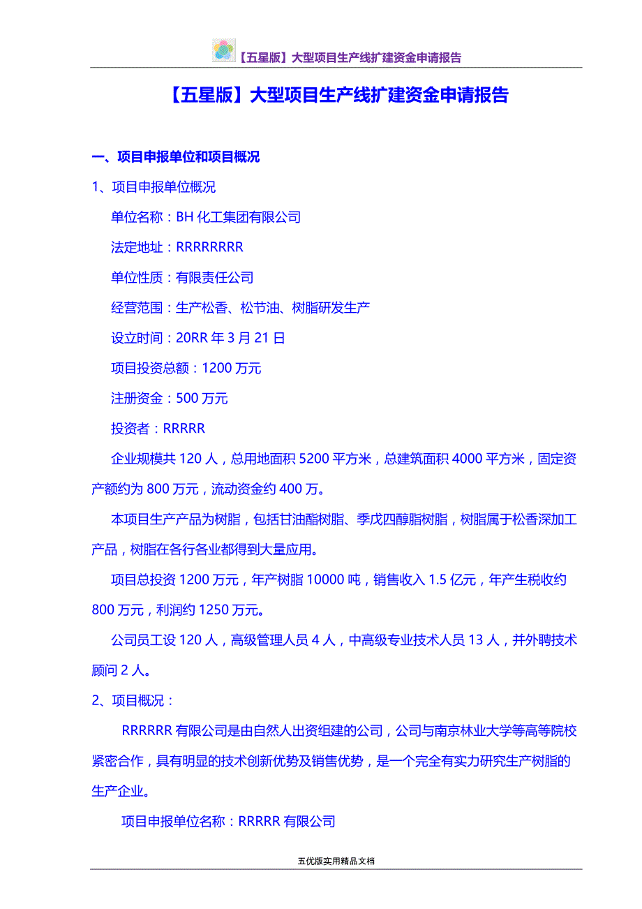 【五优文】大型项目生产线扩建资金申请报告_第1页