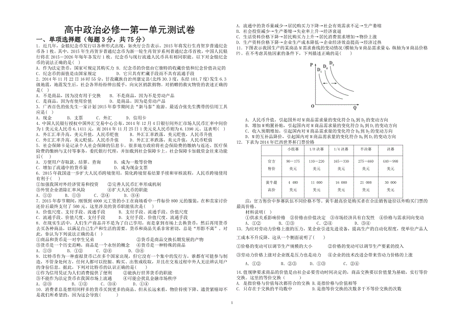 高一政治必修一第一单元测试卷_第1页