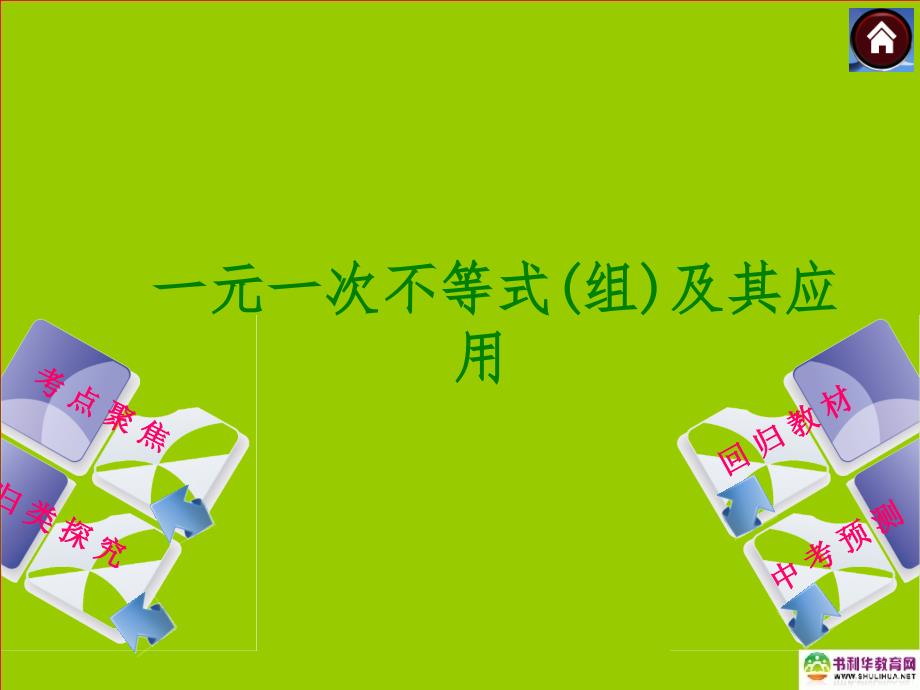 2014最新中考数学复习方案 一元一次不等式组及其应用（考点聚焦+归类探究+回归教材+中考预测）课件 北师大版.ppt_第1页