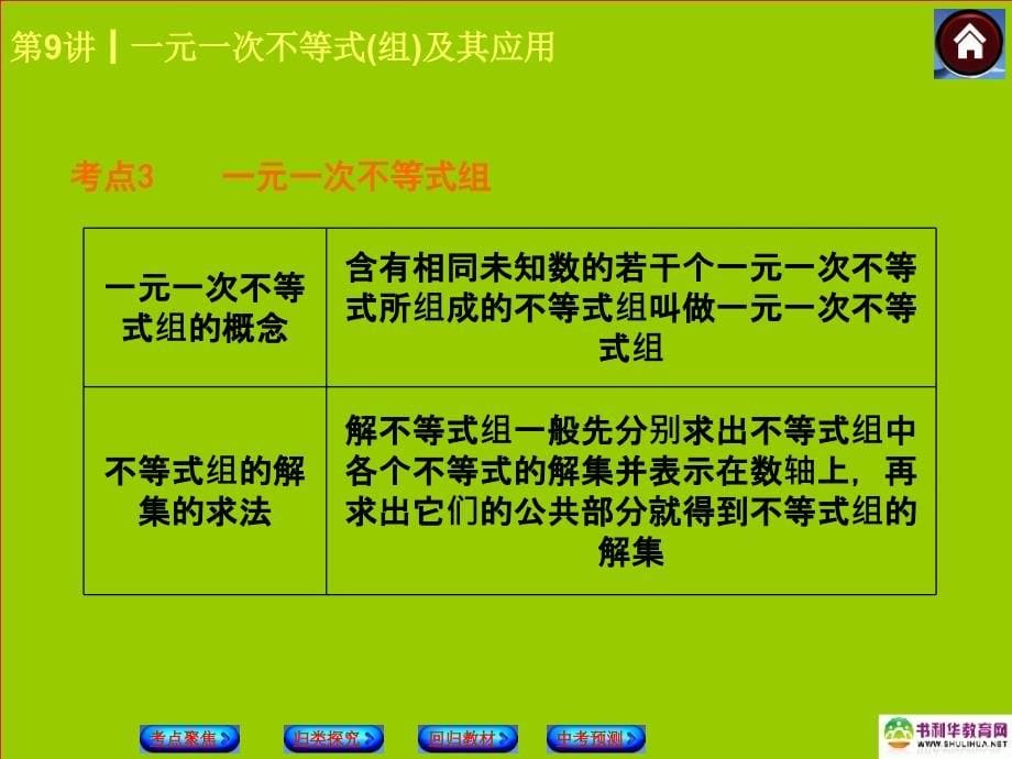 2014最新中考数学复习方案 一元一次不等式组及其应用（考点聚焦+归类探究+回归教材+中考预测）课件 北师大版.ppt_第5页