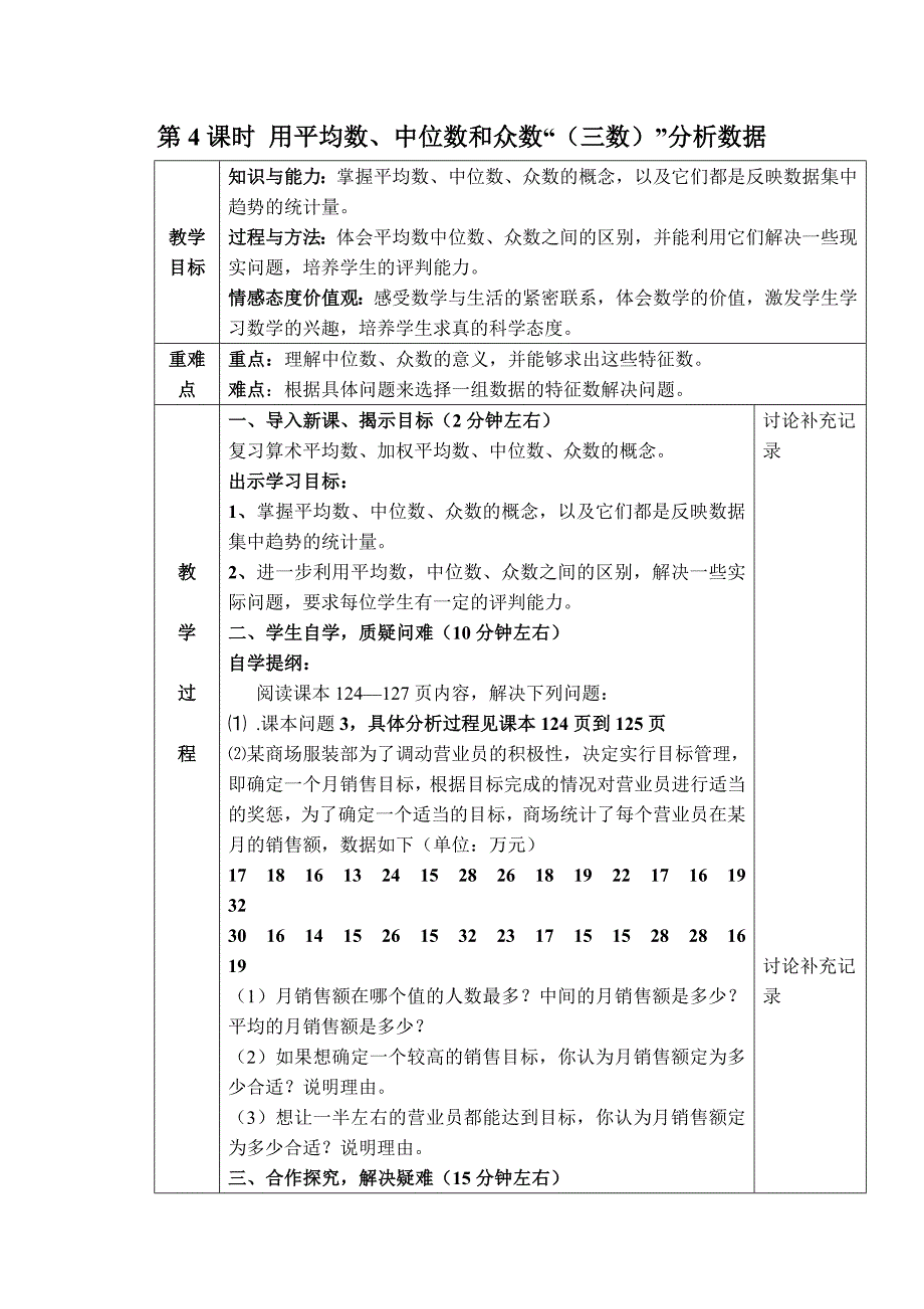 【典中点】2017春(沪科版)八年级数学下册教案 20.2.4 【教案】 用平均数、中位数和众数“（三数）”分析数据_第1页